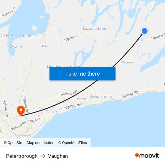 Peterborough to Vaughan map