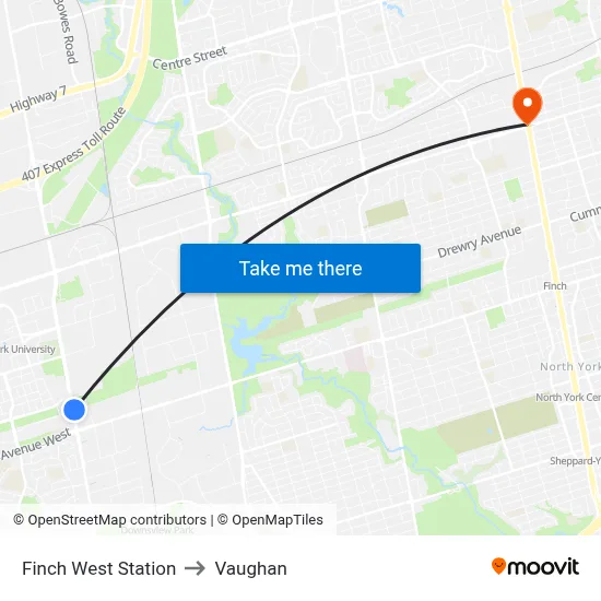 Finch West Station to Vaughan map