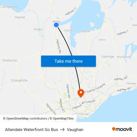 Allandale Waterfront Go Bus to Vaughan map