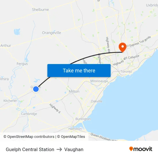 Guelph Central Station to Vaughan map