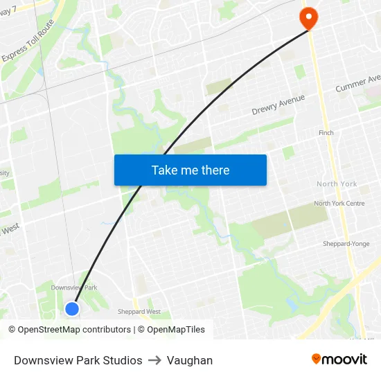 Downsview Park Studios to Vaughan map