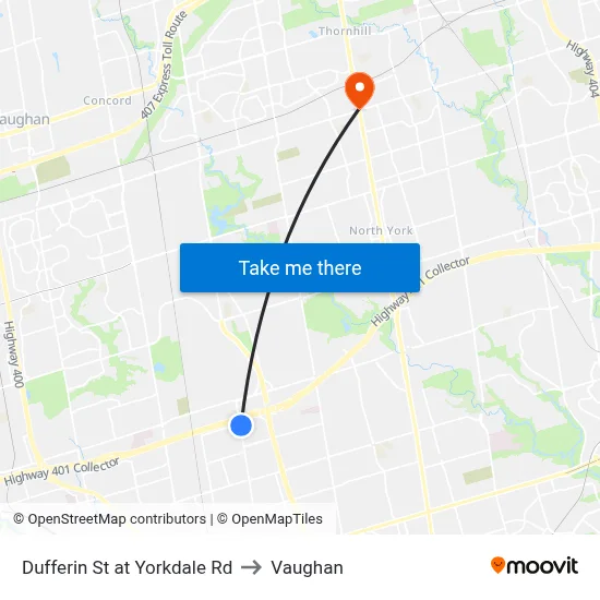 Dufferin St at Yorkdale Rd to Vaughan map
