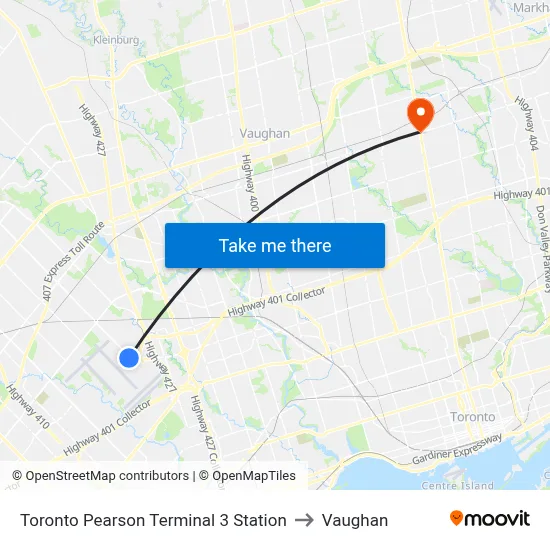 Toronto Pearson Terminal 3 Station to Vaughan map