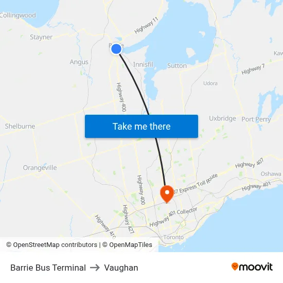 Barrie Bus Terminal to Vaughan map