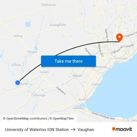 University of Waterloo ION Station to Vaughan map