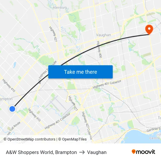 A&W Shoppers World, Brampton to Vaughan map
