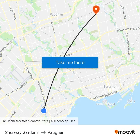 Sherway Gardens to Vaughan map