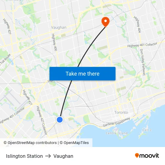 Islington Station to Vaughan map