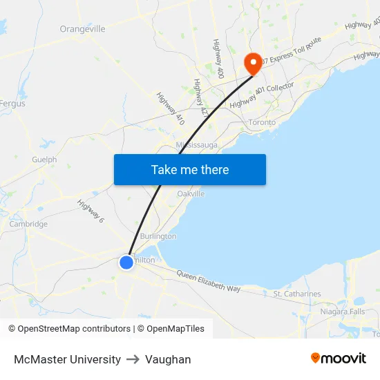 McMaster University to Vaughan map