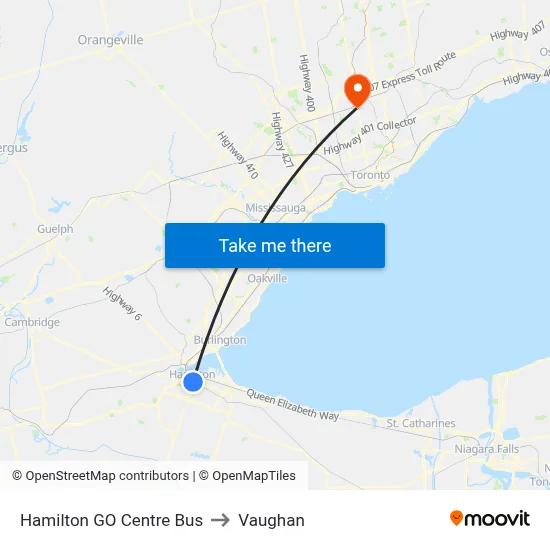 Hamilton GO Centre Bus to Vaughan map