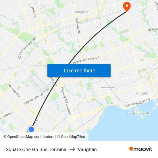 Square One Go Bus Terminal to Vaughan map