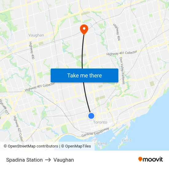 Spadina Station to Vaughan map