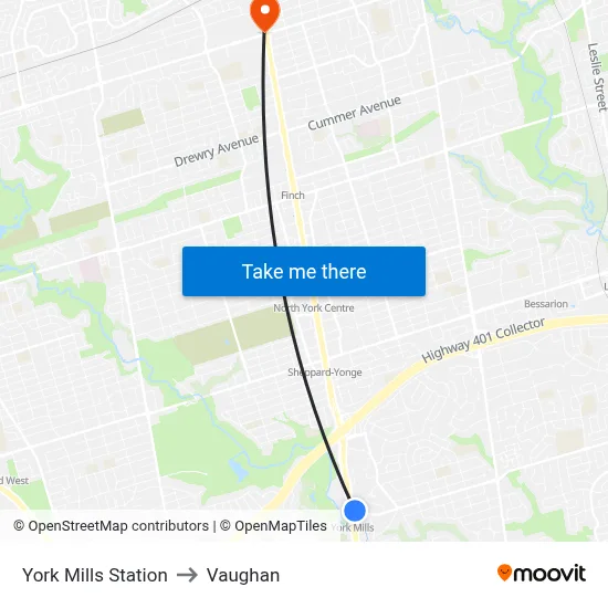 York Mills Station to Vaughan map