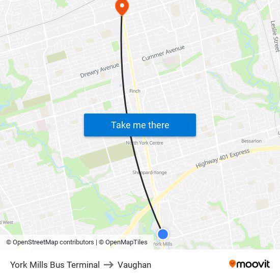 York Mills Bus Terminal to Vaughan map