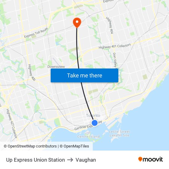 Up Express Union Station to Vaughan map