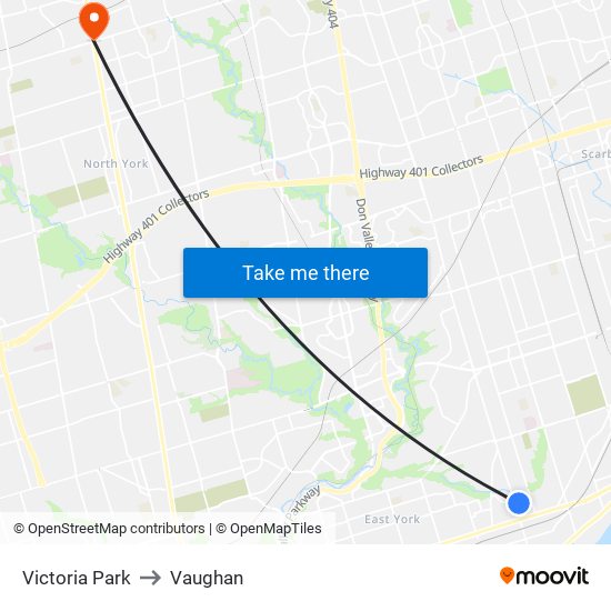 Victoria Park to Vaughan map
