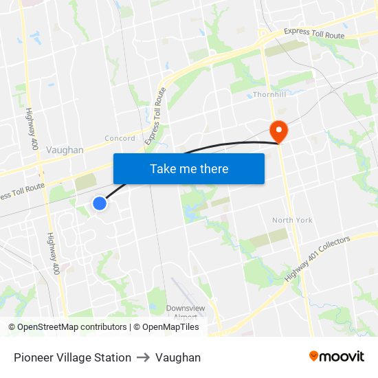 Pioneer Village Station to Vaughan map
