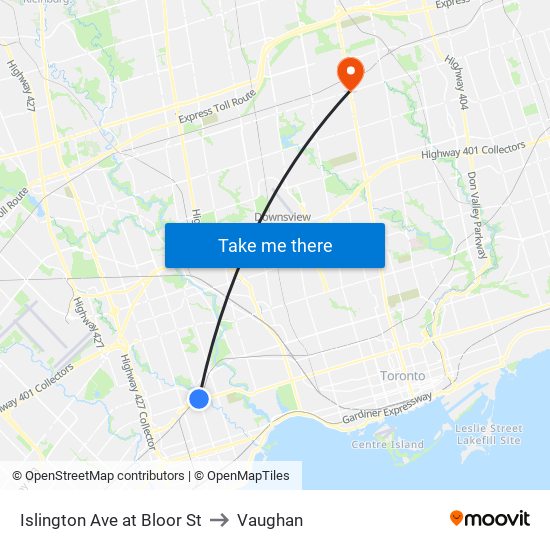 Islington Ave at Bloor St to Vaughan map