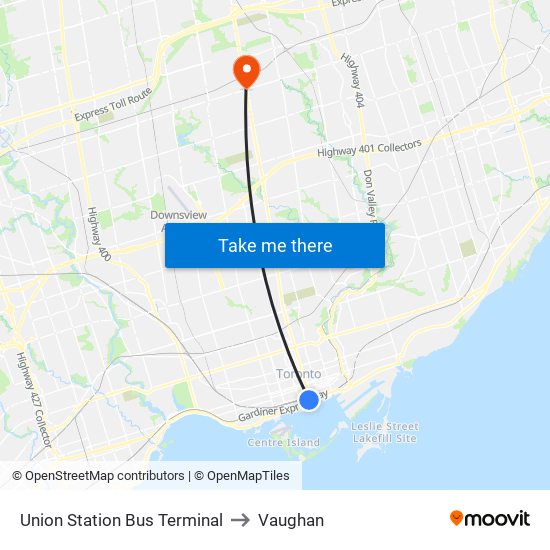 Union Station Bus Terminal to Vaughan map
