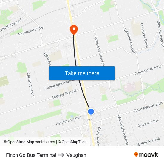 Finch Go Bus Terminal to Vaughan map