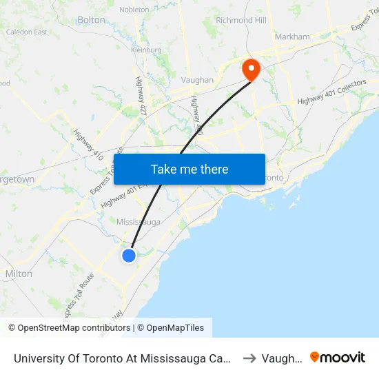 University Of Toronto At Mississauga Campus to Vaughan map