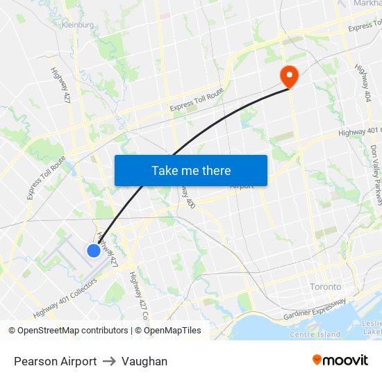 Pearson Airport to Vaughan map