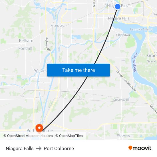 Niagara Falls to Port Colborne map