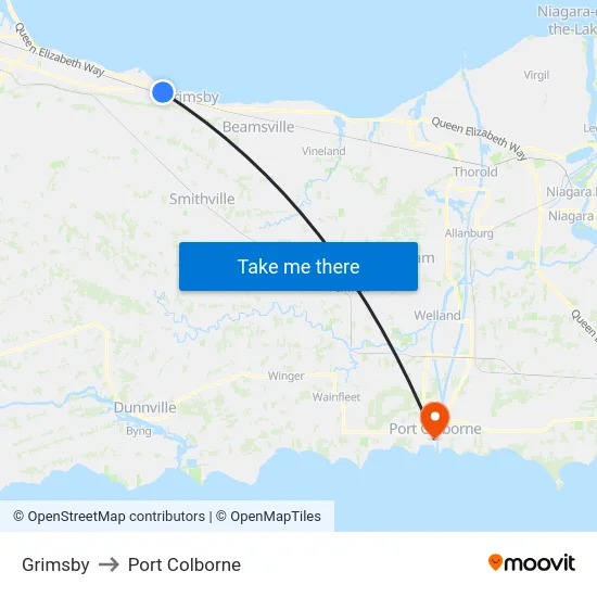 Grimsby to Port Colborne map