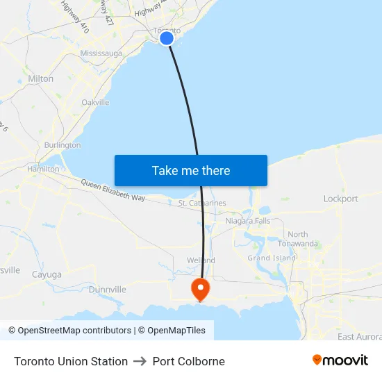 Toronto Union Station to Port Colborne map