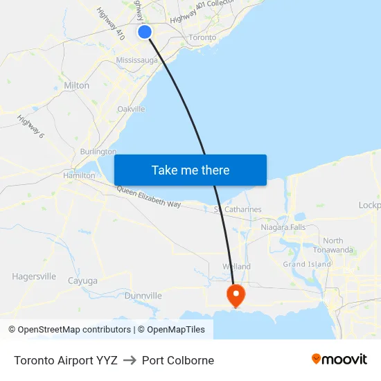 Toronto Airport YYZ to Port Colborne map