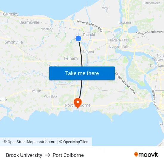Brock University to Port Colborne map
