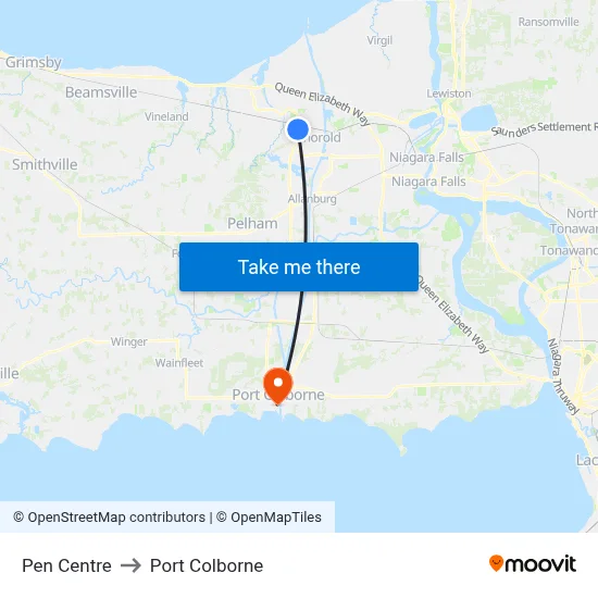 Pen Centre to Port Colborne map