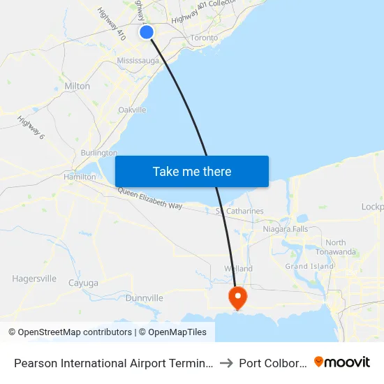 Pearson International Airport Terminal 1 to Port Colborne map