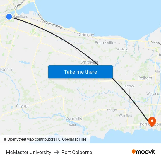 McMaster University to Port Colborne map