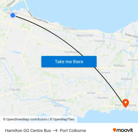 Hamilton GO Centre Bus to Port Colborne map