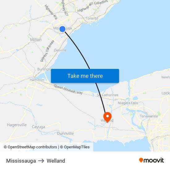 Mississauga to Welland map