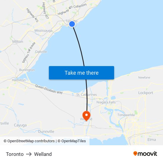 Toronto to Welland map