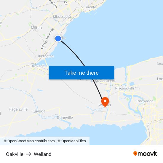 Oakville to Welland map