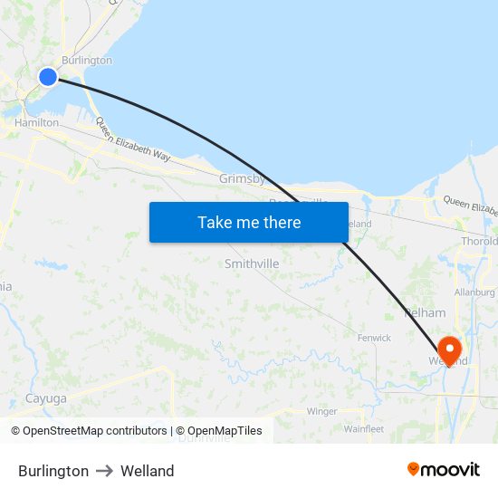 Burlington to Welland map