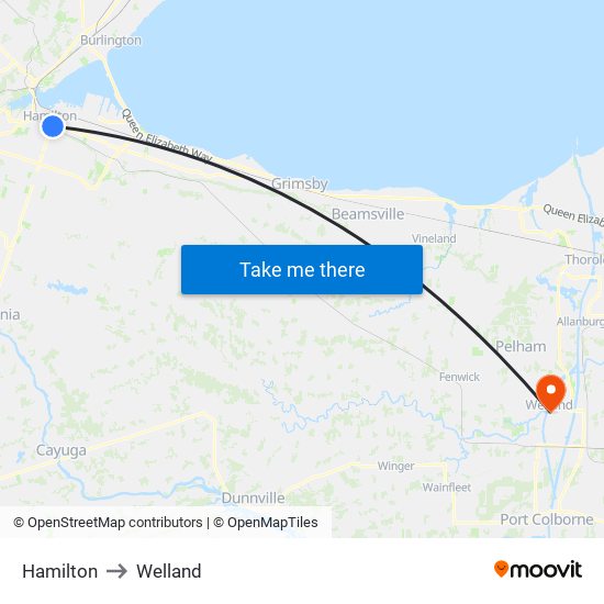 Hamilton to Welland map