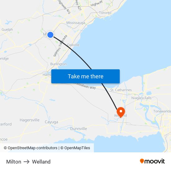 Milton to Welland map