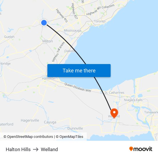 Halton Hills to Welland map