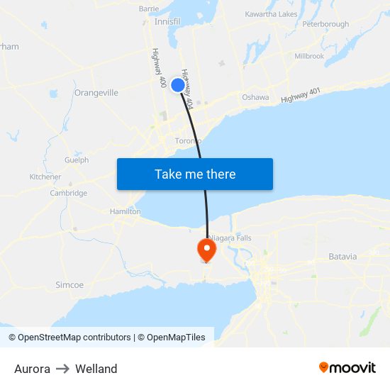 Aurora to Welland map