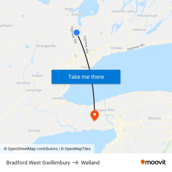 Bradford West Gwillimbury to Welland map