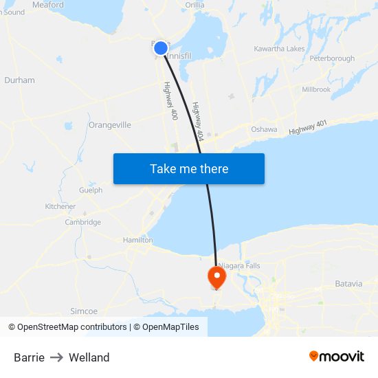 Barrie to Welland map