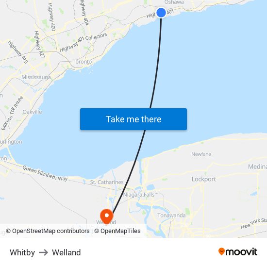 Whitby to Welland map