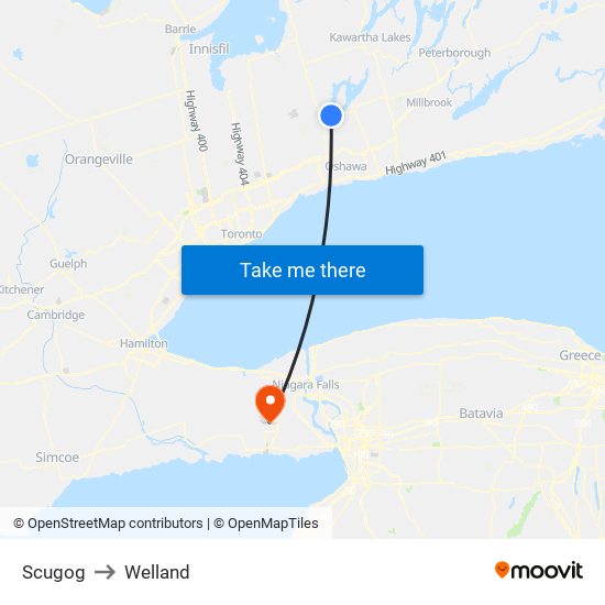 Scugog to Welland map