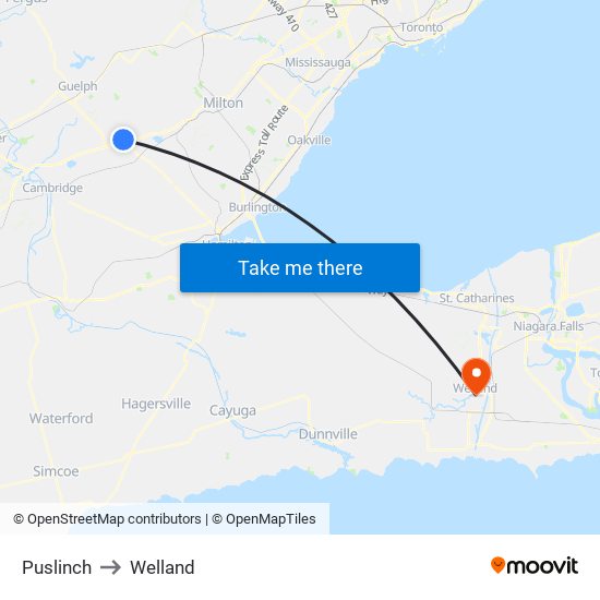 Puslinch to Welland map