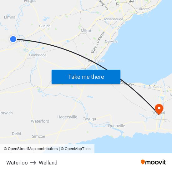 Waterloo to Welland map