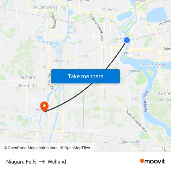 Niagara Falls to Welland map